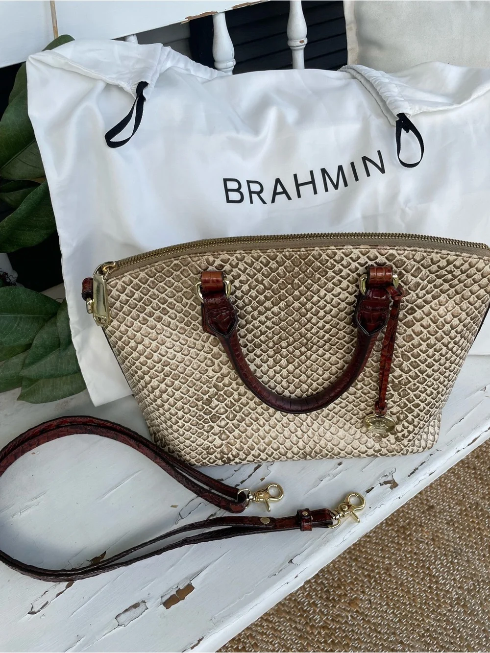 BRAHMIN Duxbury Satchel in Cream & Gold with DUST COVER Bag & Crossbody